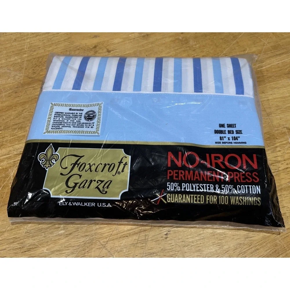 Foxcroft Garza Full Flat Sheet Blue Stripe Permanent Press Retro Stripe‎ NOS